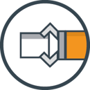 The image shows a graphic icon of a robotic arm holding a cylindrical-shaped part within a dark circle.