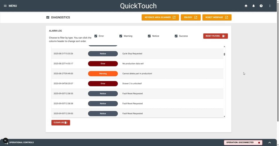 AWR RCX QuickTouch Diagnostics screen